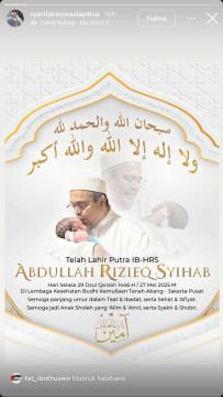 Kabar bahagia Habib Rizieq dikaruniai seorang putra dari istri mudanya dikabarkan melalui media sosial. [Instagram]