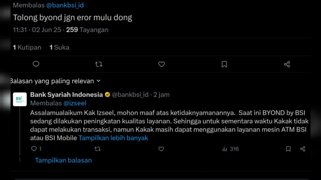 Tangkapan layar keluhan nasabah BSI. [X]