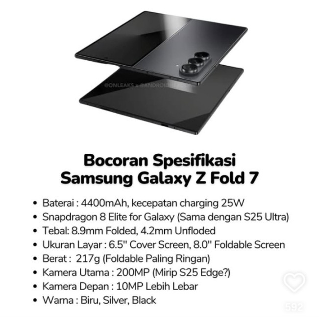Bocoran spesifikasi Samsung  Galaxy Z Fold 7. [Instagram]