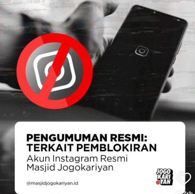 Pemblokiran resmi terhadap sejumlah akun Instagram Masjid Jogokariyan.  [Instagram]