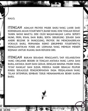 Personel Fourtwnty umumkan bentuk Grup Band Baru yakni 1Tengah melalui akun sosmednya. [Instagram]