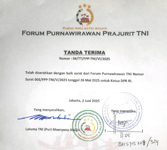 Tanda terima surat usulan pemakzulan Wapres Gibran Rakabuming Raka. [Istimewa]