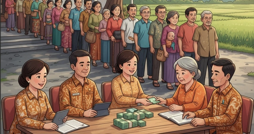 Ilustrasi penerima mengantri mengambil bantuan