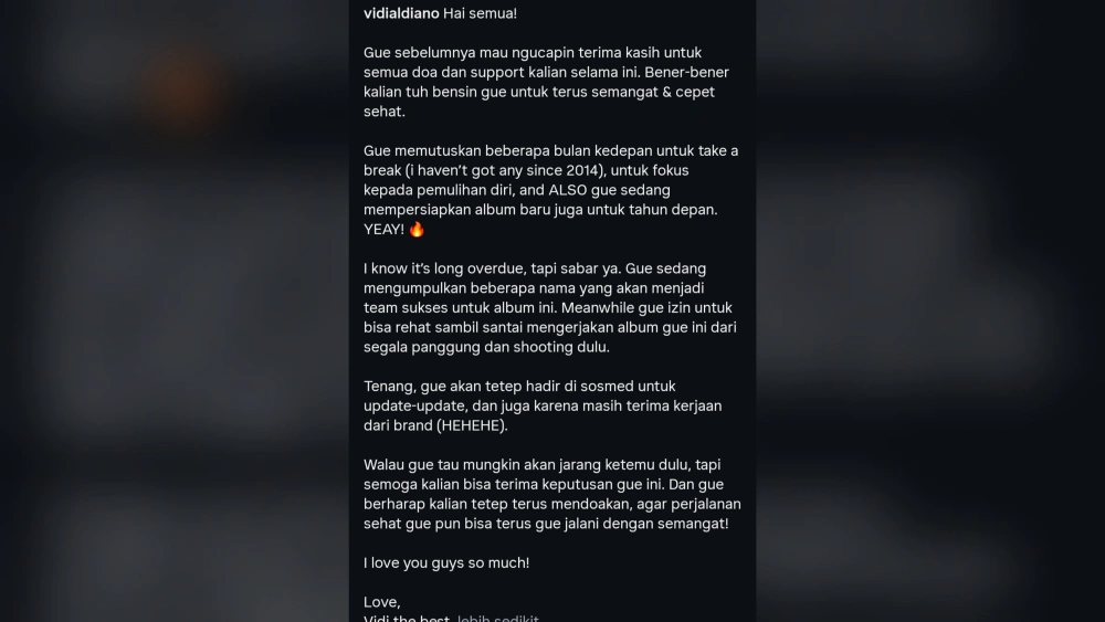 Vidi Aldiano Umumkan Hiatus, Fokus Pulihkan Diri dari Kanker