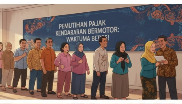 Ilustrasi masyarakat yang antusias dan rela antrian untuk mengikuti pemutihan pajak kendaraan pajak kendaraan bermotor. [Gemini]
