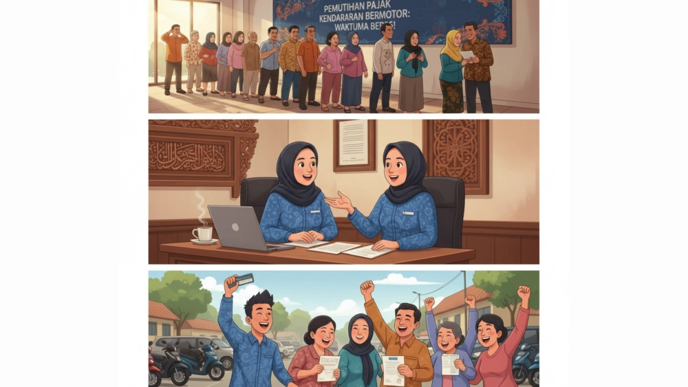 Ilustrasi gambar antrian bayar pajak kendaraan dan riangnya masyarakat terhadap program pemutihan pajak kendaraan bermotor. [Gemini]