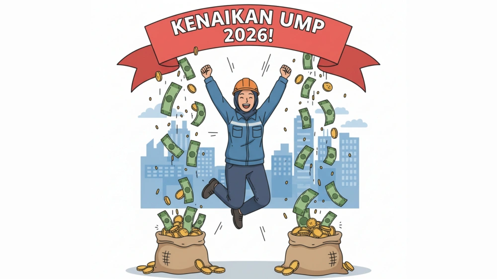Ilustrasi pekerja riang menyambut kenaikan UMP tahun 2026. [Gemini]
