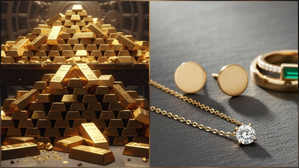 Ilustrasi emas batangan dan emas perhiasan. [Gemini]