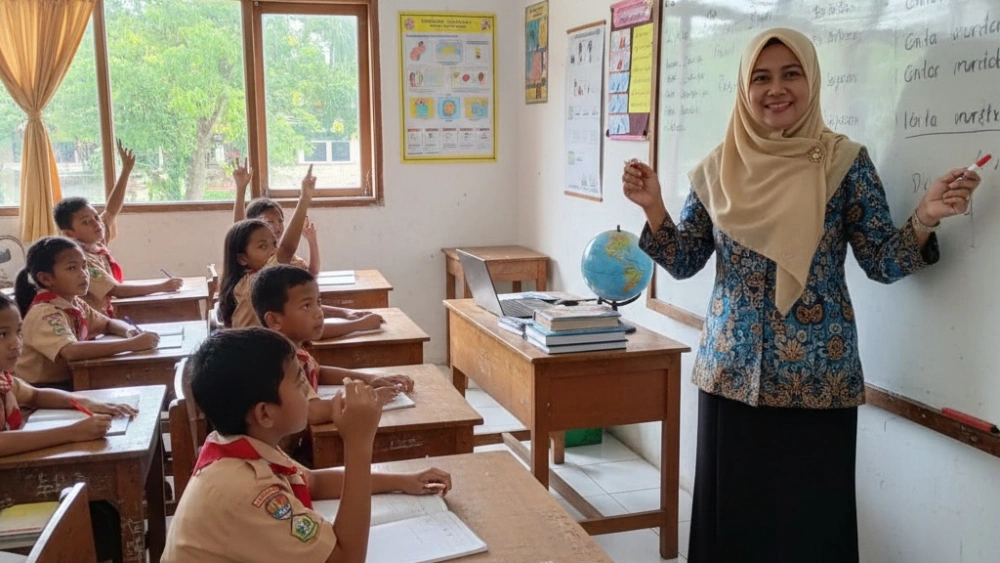 Ilustrasi guru tengah mengajar di dalam ruang kelas. [Gemini]