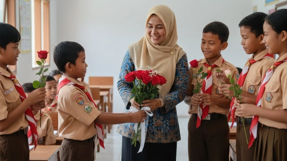 Murid memberikan bunga kepada guru di momen hari guru nasional. [Gemini]