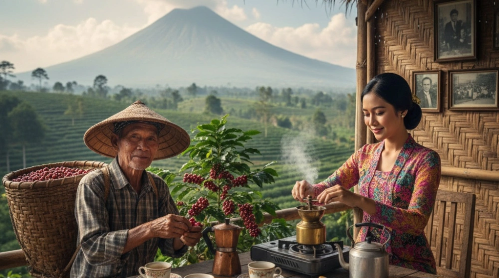 Ilustrasi gambar seorang perempuan tengah meracik kopi dan seorang kakek tengah memetik kopi. [Instagram]