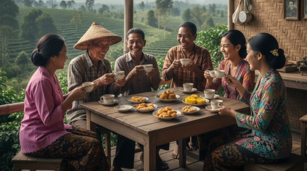 Ilustrasi gambar masyarakat tengah menikmati kopi sambil bercerita. [Gemini]