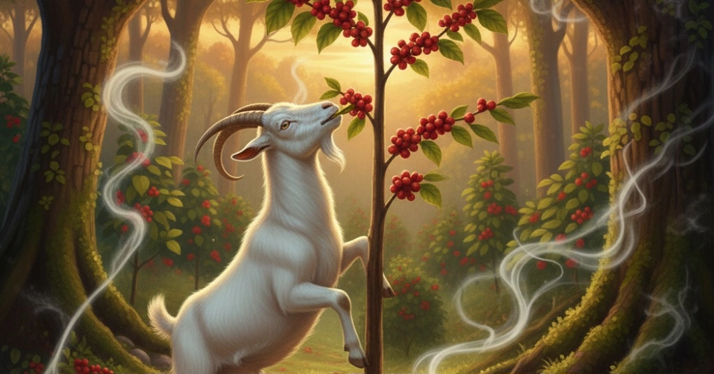 Ilustrasi kambing makan biji kopi. [Gemini]