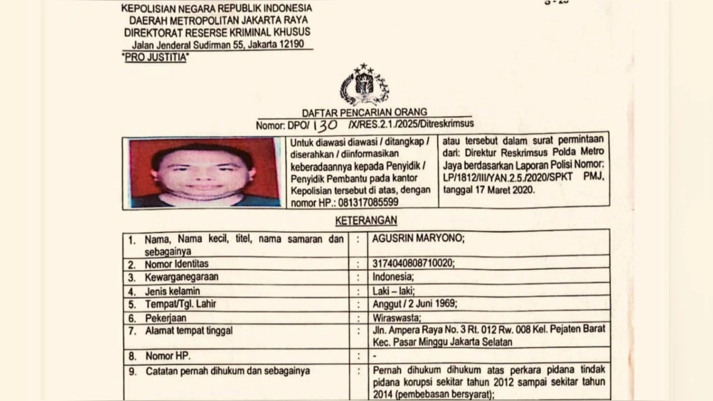 DPO yang dikeluarkan Polda Metro Jaya terhadap eks Gubernur Bengkulu, Agusrin M Najamudin. [Facebook]