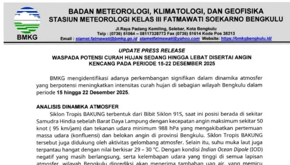Update Press Release BMKG Potensi cuaca hingga sepekan ke depan. [Instagram]