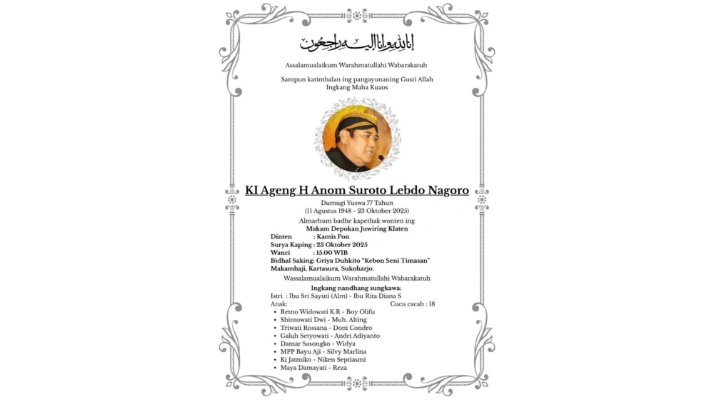 Kabar duka Dalang Ki Anom Suroto meninggal. [Dok istimewa]