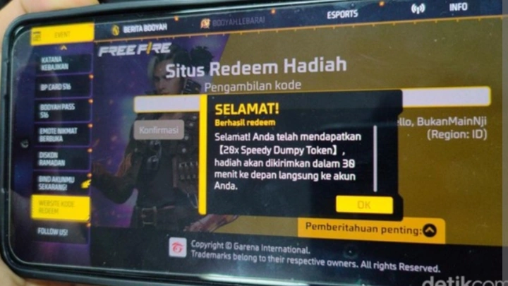 Ilustrasi klaim reward kode redeem FF. [Int]