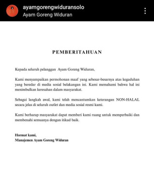 Manajemen Ayam Goreng Widuran sampaikan pernyataan maaf di media sosial mereka setelah warungnya viral diketahui mengandung babi. [Instagram]