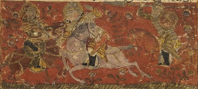 Ilustrasi perang pasukan Abrahah dengan pasukan Jenderal Aryat. (Wikipedia/Abu Ali Bal'ami)
