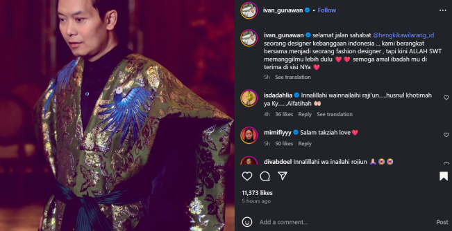 Belangsungkawa Ivan Gunawan atas meninggalnya Hengki Kawilarang. [Instagram]