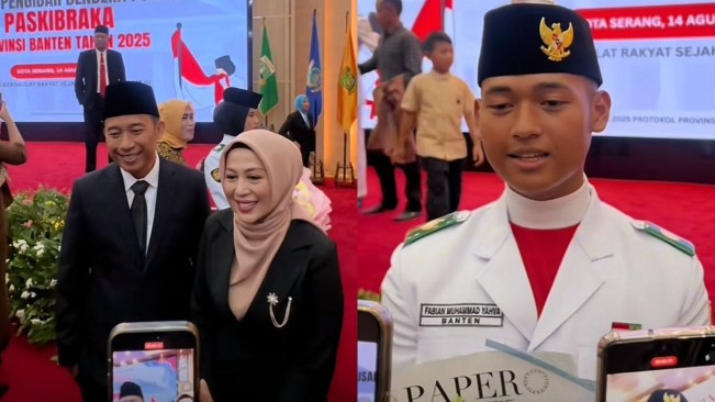Denny Cagur dan Shanty Terharu, Putra Sulungnya Dikukuhkan Jadi Paskibraka Banten 2025