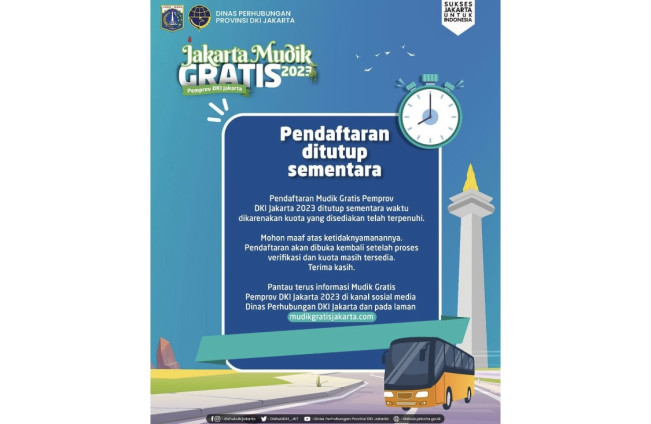 Kuota Terpenuhi, Pemprov DKI Tutup Pendaftaran Mudik Gratis