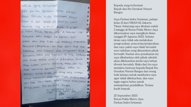 Curahan Hati Farhan Indra, Pelajar Jakarta Ditahan Usai Demo 29 Agustus, Tulis Surat Haru
