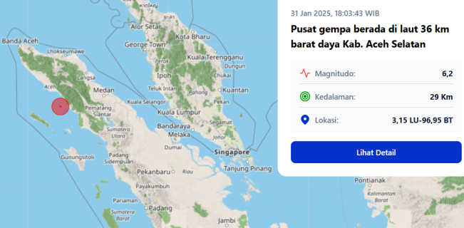 Kabupaten Aceh Selatan Diguncang Gempa Magnitudo 6,2, Terasa sampai Medan