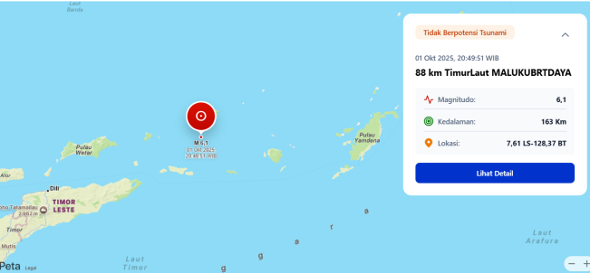 Gempa Magnitudo 6,1 Guncang Maluku Barat Daya, BMKG Pastikan Tidak Berpotensi Tsunami