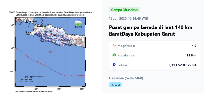 Gempa Garut, Rabu (18/6/2025). [Foto: BMKG]