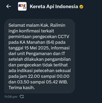 Unggahan korban pelecehan terkait tanggapan PT KAI saat korban meminta rekaman CCTV (X)