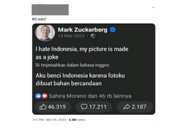 Hoaks! Pernyataan Mark Zuckerberg Benci Indonesia