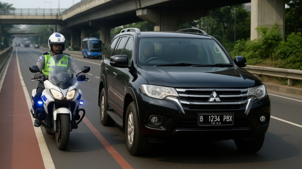 Ilustrasi Pajero dikawal polisi masuk jalur busway. [ChatGPT/FT News]
