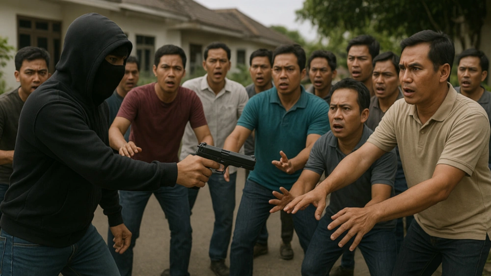 Ilustrasi pelaku ranmor todongkan senjata. [ChatGPT/FT News]