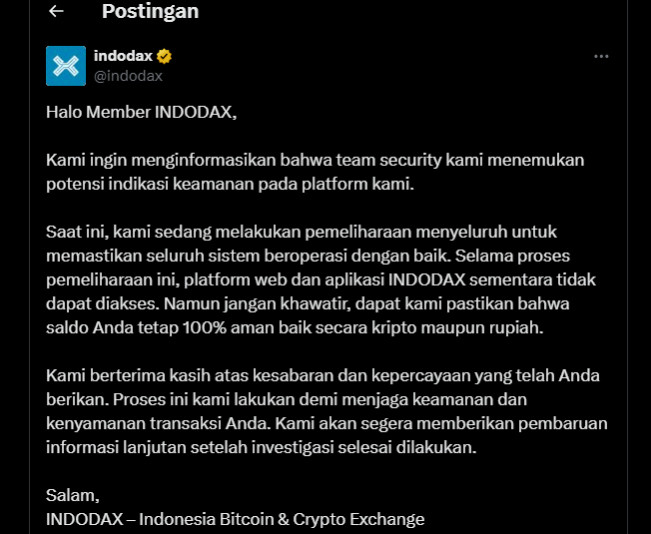 Indodax Diduga Diretas, Kerugian Imbas Transaksi Ilegal Miliaran, Perusahaan Bilang Begini