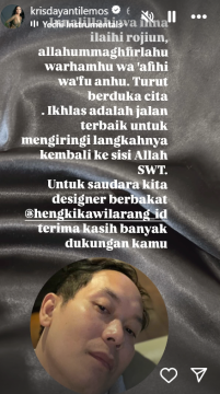 Insta Story Kris Dayanti belasungkawa atas meninggalnya desainer kondang Hengki Kawilarang. [Instagram @krisdyantilemos]