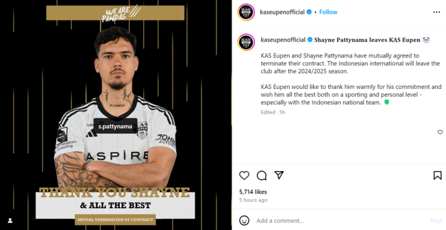 KAS Eupen putus kontrak Shayne Pattynama. [Instagram]
