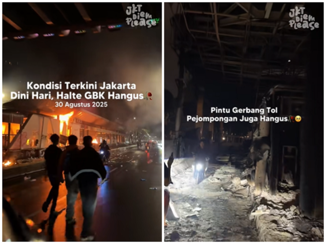 Kondisi Terkini Jakarta Halte GBK dan Gerbang Tol Pejompongan Hangus Dilalap Api
