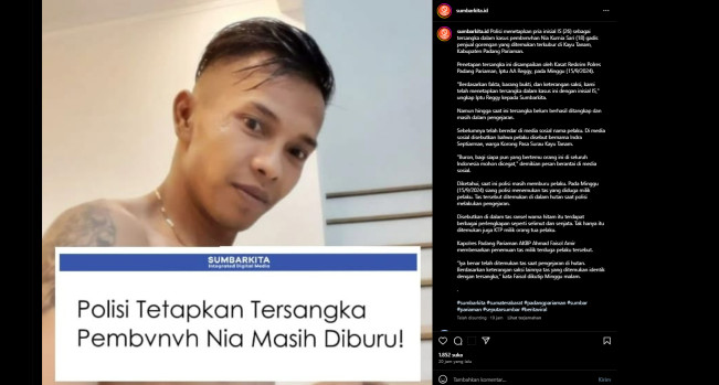 Beredar Tampang Diduga Pembunuh Gadis Penjual Gorengan di Padang Pariaman Sumbar
