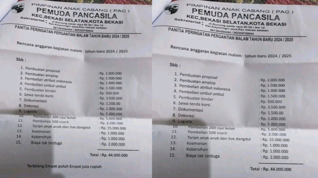 15 Item Proposal Pemuda Pancasila Bekasi Selatan untuk Tahun Baru, Live Dangdut Rp 15 Juta
