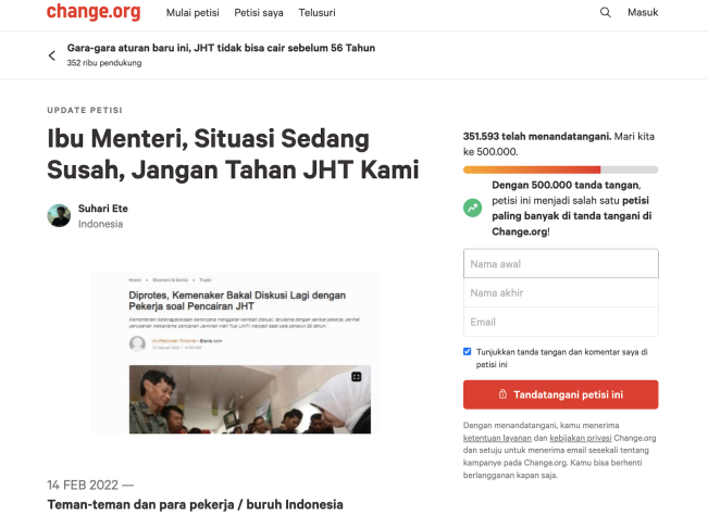 Petisi Batalkan Permenaker JHT Sudah Ditandatangani Lebih 350 Ribu Orang