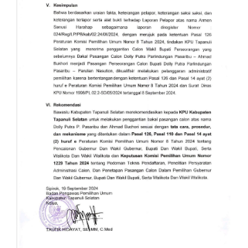 Bawaslu Tapsel Temukan Pelanggaran Administrasi dalam Proses Pergantian Calon Wakil Bupati Jalur Perseorangan