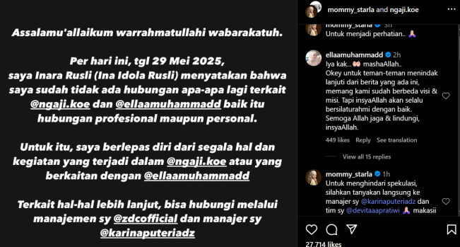 Postingan Inara Rusli terkait berpisah dengan Komunitas Ngaji Koe. [Instagram @mommy.starla]