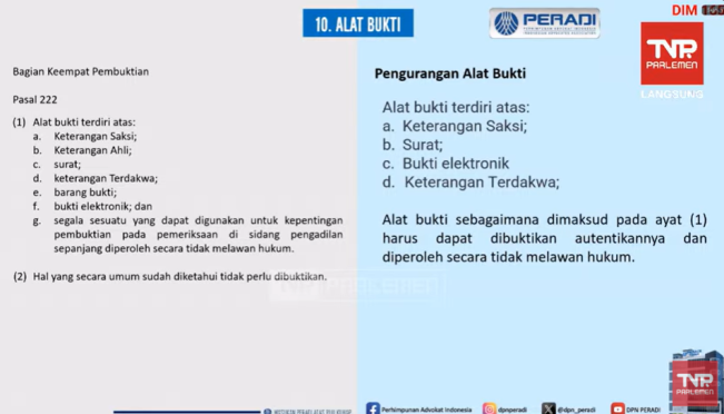 Salah satu usulan Peradi terkait alat bukti. [YouTube]