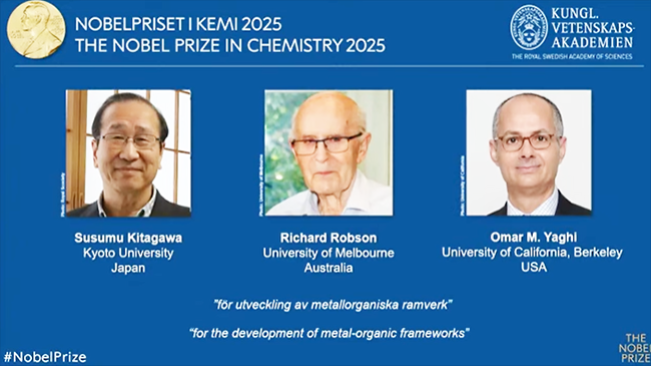 Nobel Kimia 2025 Diraih Susumu Kitagawa, Richard Robson dan Omar M Yaghi