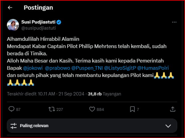 Pilot Susi Air Dibebaskan, Susi Pudjiastuti: Alhamdullilah, Terima Kasih