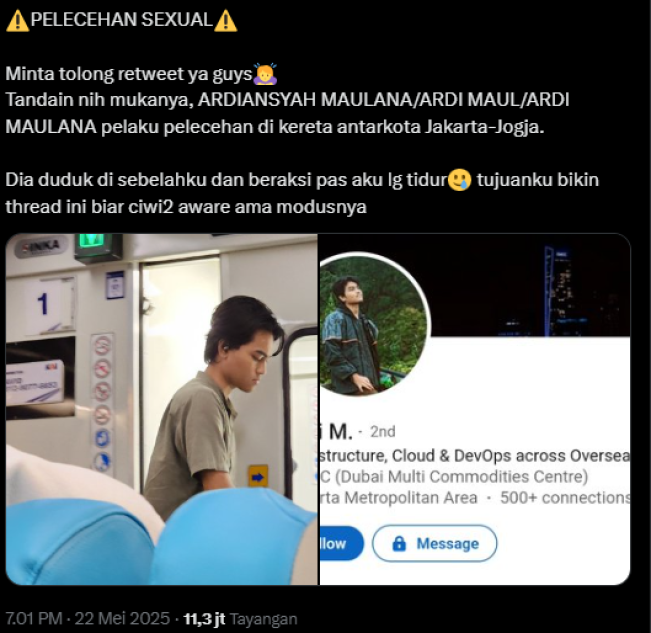 Unggahan diduga korban pelecehan di kereta api (X)