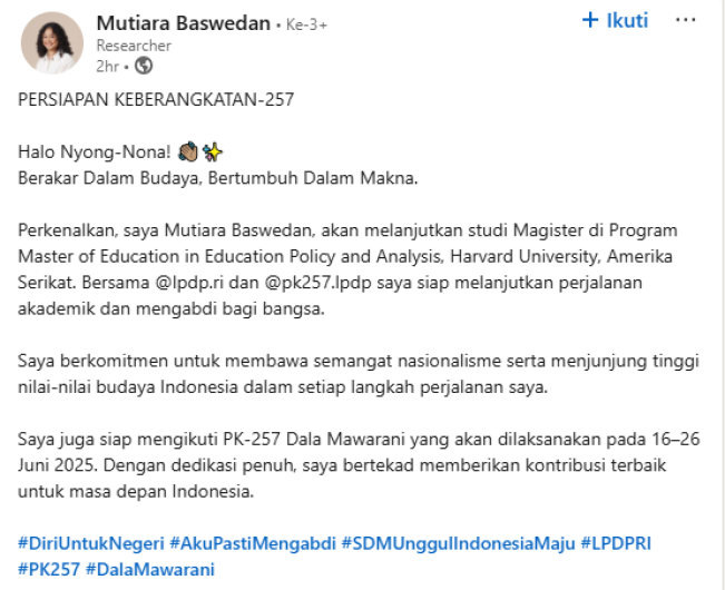 Unggahan Mutiara (linkedin.com/in/mutiara-baswedan)