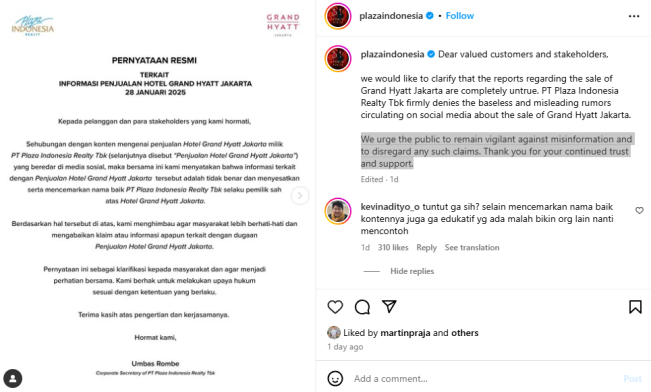 Hoaks! Plaza Indonesia Berikan Klarifikasi Tentang Berita Dijualnya Hotel Grand Hyatt