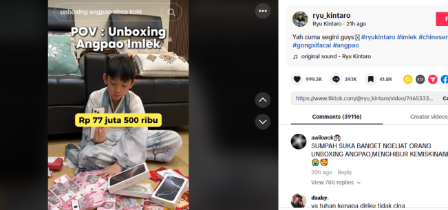 Fantastis! Buka Angpao Hasil Imlek, Anak laki-laki Ini Dapat Rp 77 juta